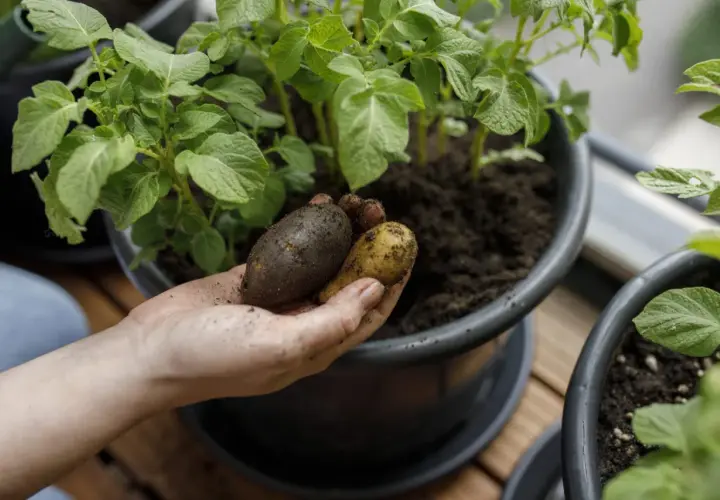 Hand håller nyskördade potatisar från en hink. En person visar stolt upp resultatet av att odla potatis i hink.