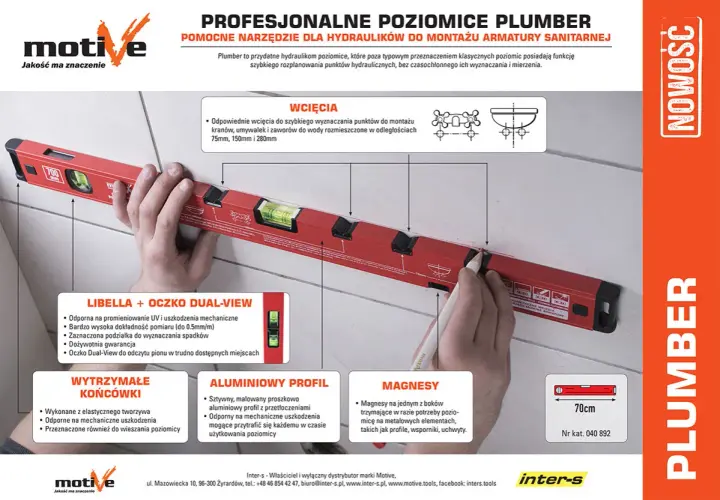 Profesjonalna poziomica Plumber dla hydraulików, z wcięciami do montażu armatury i precyzyjnymi libellami.