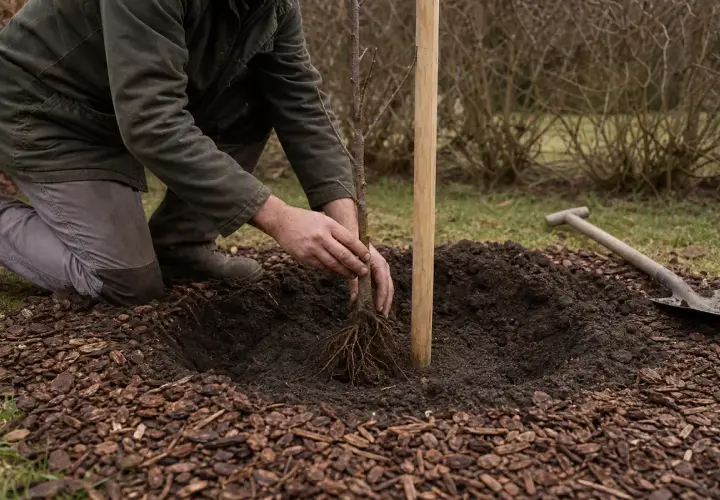 Un jardinier plante un jeune abricotier, ses mains guidant la racine dans la terre fraîche. Un tuteur en bois est déjà en place.