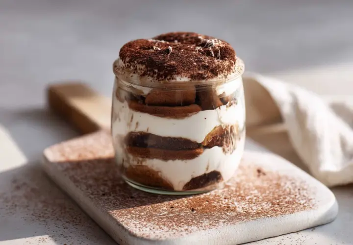 Warstwowe tiramisu z ricotty w słoiku, posypane kakao. Delikatny deser na desce, skąpany w słońcu.