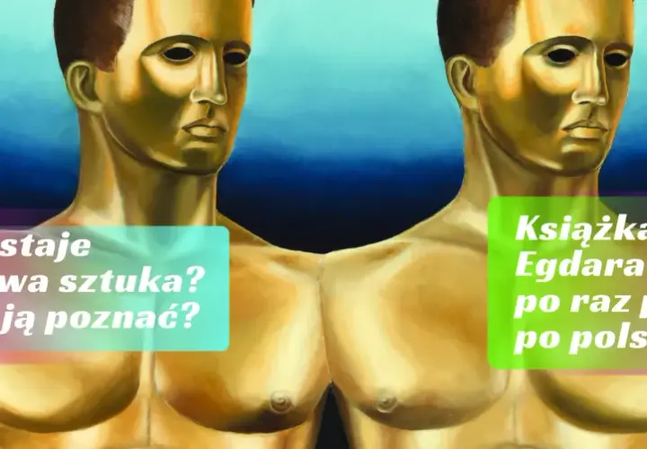Złote posągi mężczyzn, jeden z nich trzyma książkę "Egdara Winda po raz pierwszy po polsku!".