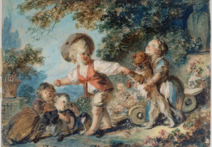 Enfants jouant avec un chien, une scène joyeuse typique des œuvres d'art de Jean-Honoré Fragonard.