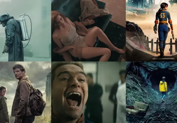 Kolaż z kadrów seriali: Chernobyl, Gambit Królowej, Fallout, The Last of Us, The Boys, Dark. To top seriale wszechczasów.