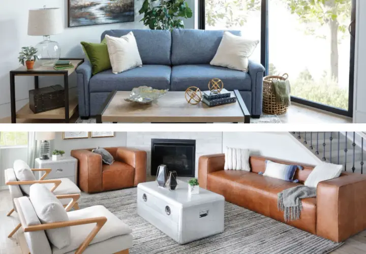 Two living rooms showcasing contemporary furniture styles: one with a blue sofa and light wood coffee table, the other with brown leather seating and a metallic coffee table.