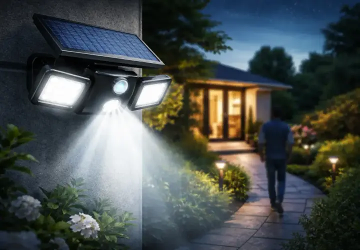 Lampa solarna oświetla ścieżkę w ogrodzie. Czy lampy solarne świecą zimą? Tak, nawet w chłodne dni zapewniają bezpieczeństwo.