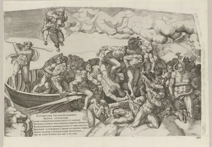Rycina przedstawia scenę mitologiczną z łodzią i postaciami w chmurach.