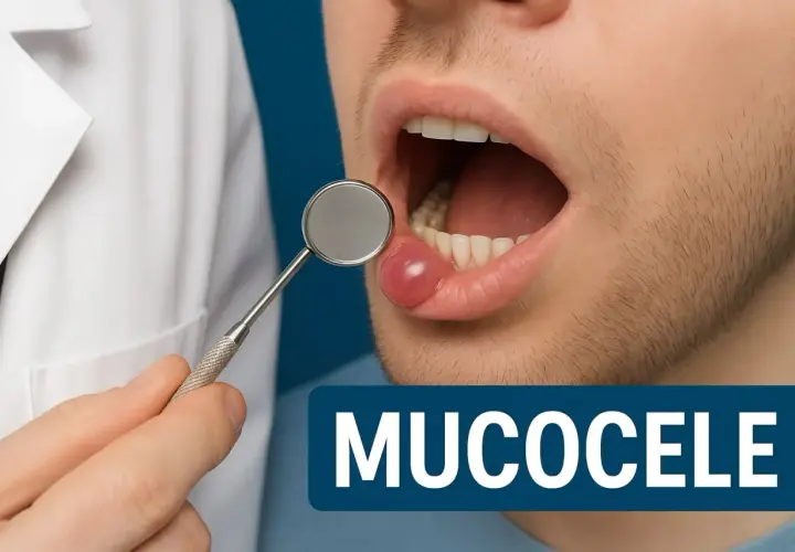 Lekarz bada powiększoną, różową zmianę na wardze – to mucocele.