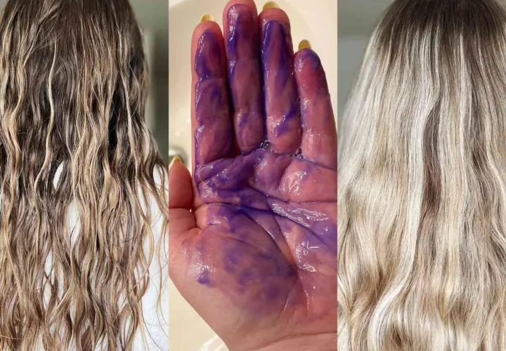 Cabello rubio con tonos amarillos antes y después de usar champú violeta. La mano muestra el producto morado listo para usar.