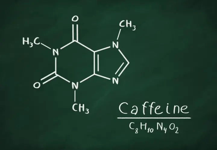 Struktura chemiczna kofeiny, substancji psychoaktywnej obecnej w liściach herbaty i kawy.