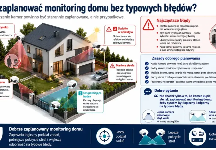 Ilustracja pokazuje, jak zaplanować system monitoringu domu jednorodzinnego, unikając błędów takich jak złe rozmieszczenie kamer czy martwe strefy.