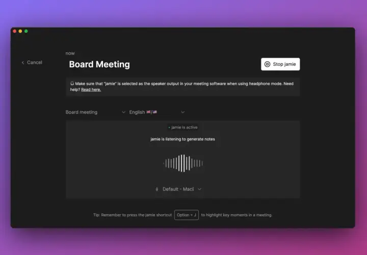 Screen shows how to record minutes of a board meeting with "jamie" active, listening, and ready to generate notes.