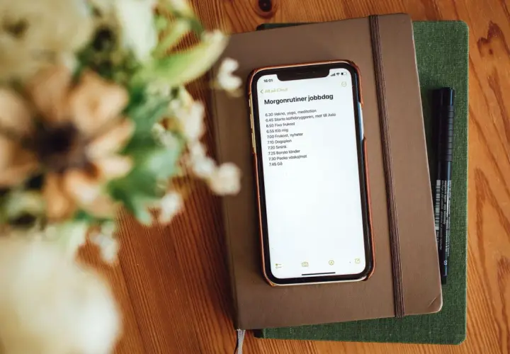 iPhone displaying a morning routine list on top of notebooks with a pen and flowers.