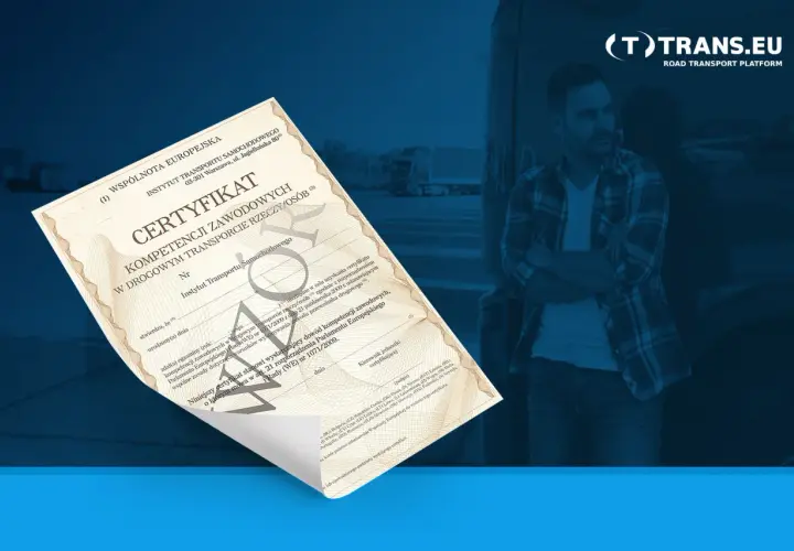 Certyfikat kompetencji zawodowych w drogowym transporcie rzeczy, potwierdzający kwalifikacje kierowcy.