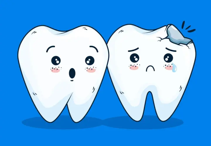 Due denti con espressioni facciali: uno sorpreso, l'altro triste con una carie. Un monito per prevenire carie e prendersi cura del proprio sorriso.