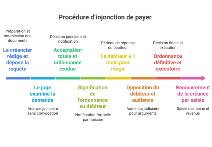 Schéma de la procédure d'injonction de payer, menant à l'exécution forcée par saisie des biens et revenus du débiteur.