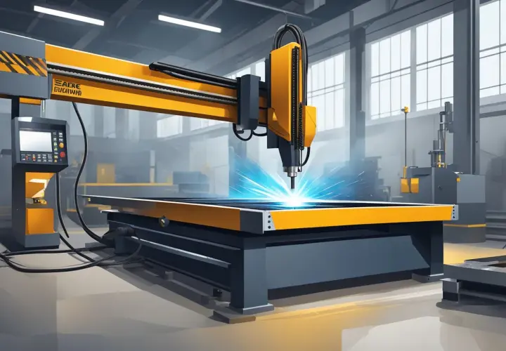 Precyzyjne wycinanie plazmą metalu przez nowoczesną maszynę w hali produkcyjnej. Jasny łuk plazmy przecina materiał.