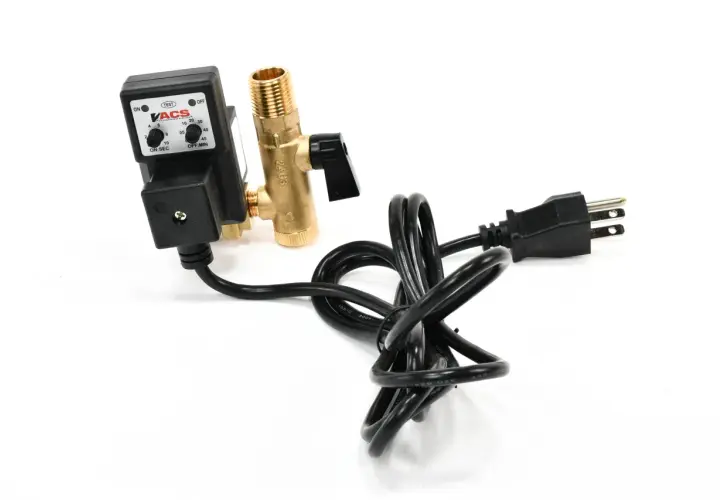 Válvula de purga automática para compresor con temporizador ajustable y cable de alimentación.