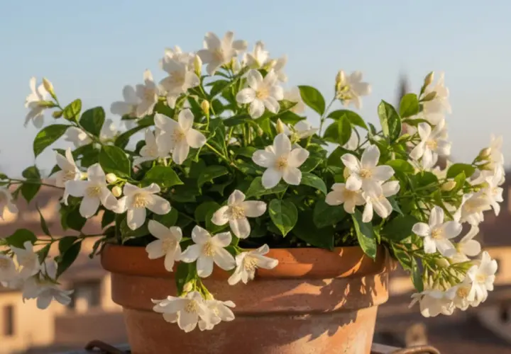 Un jazmín en maceta, con sus delicadas flores blancas y hojas verdes, adorna un balcón con vistas a tejados al atardecer.