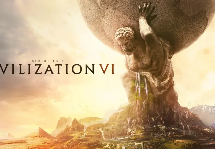 Tytan dźwigający świat na tle zachodzącego słońca, symbolizujący grę Sid Meier's Civilization VI i jej dodatki.