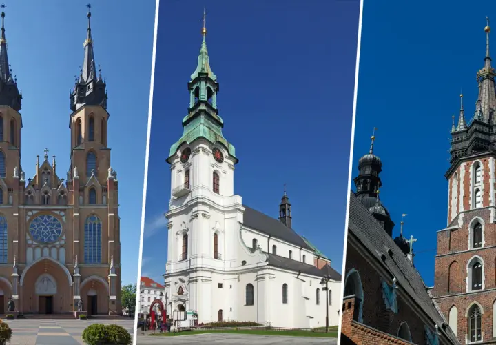 Trzy imponujące budowle sakralne: bazylika z dwiema wieżami, biała świątynia z zieloną kopułą i ceglana wieża. To przykłady tego, czym jest kolegiata.