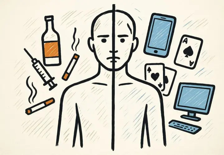 Uomo diviso, da un lato dipendenze da sostanze (alcol, sigarette, siringa), dall'altro dipendenze digitali (smartphone, gioco d'azzardo, computer).