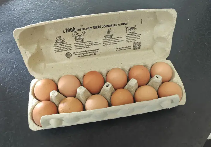 Une boîte de **dlc oeufs** de poules élevées en plein air, avec des informations sur le bien-être animal et la biodiversité.
