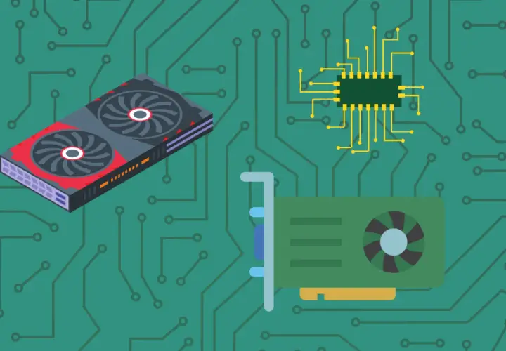 Illustration de composants informatiques sur un circuit imprimé. Apprenez comment connaitre sa carte graphique.