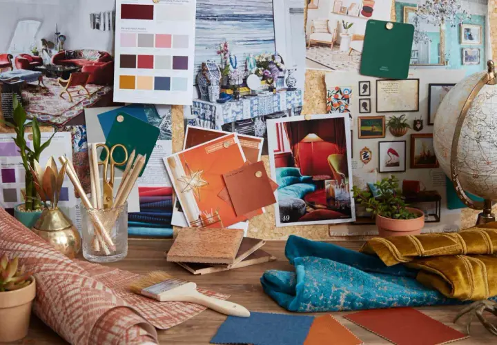 Mood board showcasing boho style furniture inspiration with rich textures, vibrant colors, and eclectic patterns.