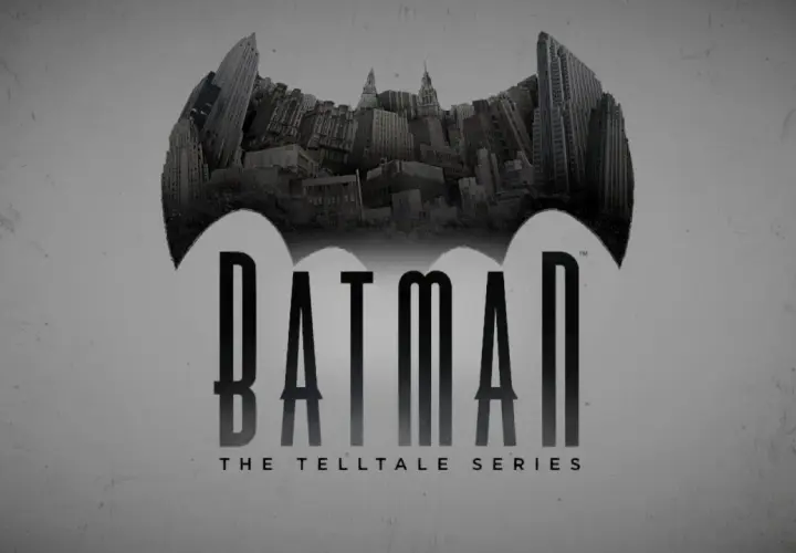 Logo gry Batman: The Telltale Series z Gotham w tle. Czekasz na batman telltale spolszczenie?