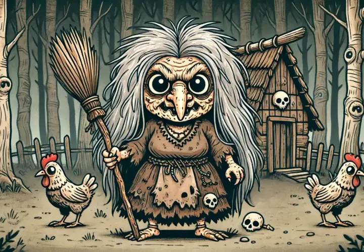 Baba Jaga z miotłą i kurczakami przed chatką w lesie, jak z filmu.