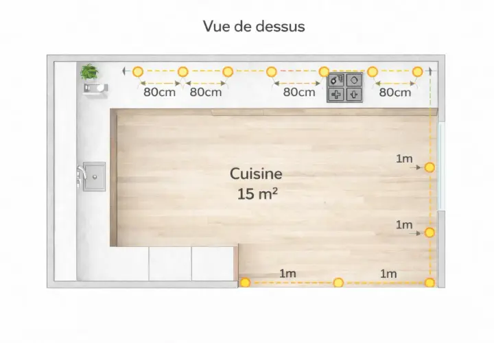 Plan de cuisine 15 m² avec spots lumineux espacés de 80 cm et 1 m. Le nombre de spot par m² est optimisé pour un éclairage uniforme.