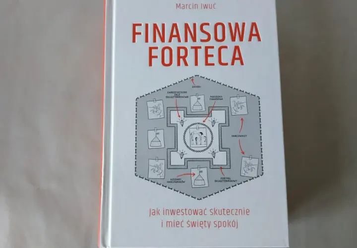 Okładka książki "Finansowa forteca" Marcina Iwucia. Grafika przedstawia fortecę z elementami jak "poduszka finansowa" i "portfel długoterminowy".