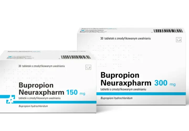 Dwa opakowania leku Bupropion Neuraxpharm 150 mg i 300 mg, zawierające tabletki o zmodyfikowanym uwalnianiu. Wellbutrin to nazwa handlowa tego leku.