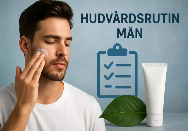 Man applicerar kräm i ansiktet. Texten "Hudvårdsrutin Män" och en checklista antyder en enkel hudvårdsrutin.
