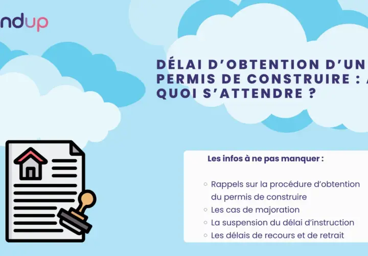 Illustration d'un permis de construire avec un tampon, abordant le délai d'obtention et la suspension du délai d'instruction.