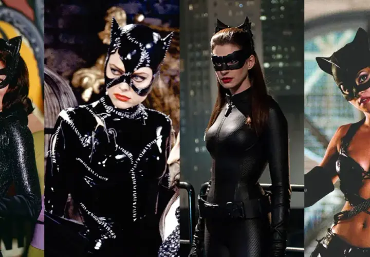Quatre actrices incarnent Catwoman dans des costumes iconiques : Julie Newmar, Lee Meriwether, Anne Hathaway et Halle Berry.