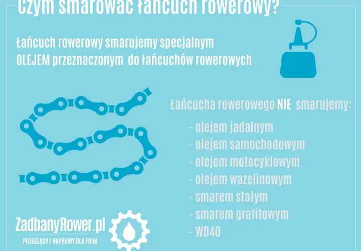 Łańcuch rowerowy smarujemy specjalnym olejem. Nie używaj oleju jadalnego, samochodowego, motocyklowego, wazeliny, smaru stałego, grafitowego ani WD40.