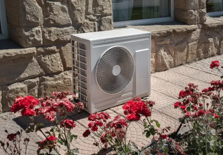 Un'unità esterna di pompe di calore, bianca e moderna, è posizionata accanto a un muro di pietra grezza, circondata da fiori rossi.