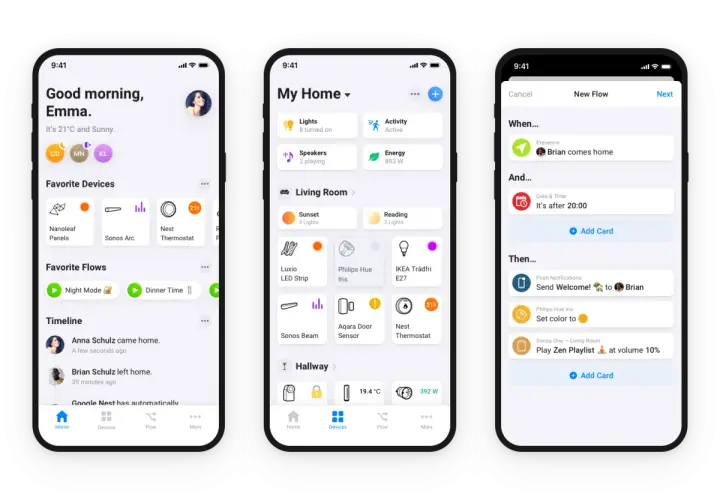 Pantallas de una smarthome app: "Good morning, Emma", "My Home" con dispositivos y "New Flow" para automatizar el hogar.