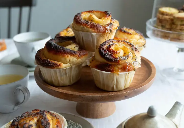 Nybakade bullar med lemoncurd och vallmofrön ligger uppradade på ett träfat. En mysig fika.