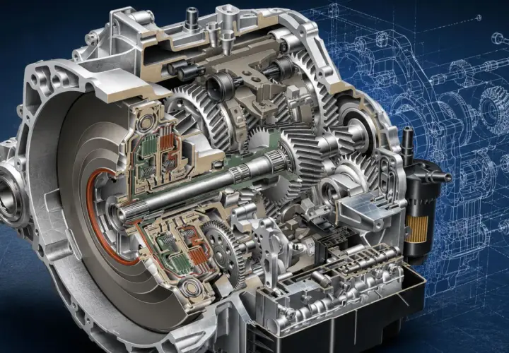 Przekrój nowoczesnej skrzyni biegów, ukazujący złożoność mechanizmów i elektroniki. To serce pojazdu, zapewniające płynny powershift.