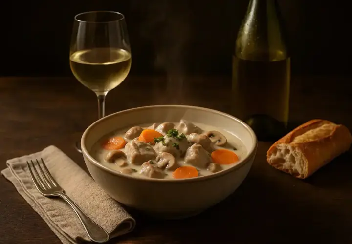 Un plat de veau à la crème avec champignons et carottes, accompagné d'un verre de vin blanc. Parfait pour savoir quel vin avec le veau.
