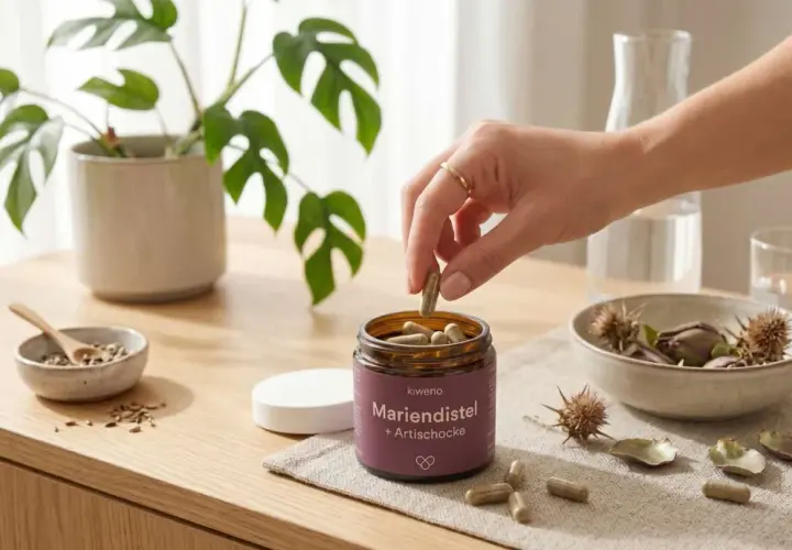 Eine Hand nimmt eine Kapsel aus einem Glas Mariendistel + Artischocke. Informiere dich über mögliche Mariendistel Wechselwirkungen.