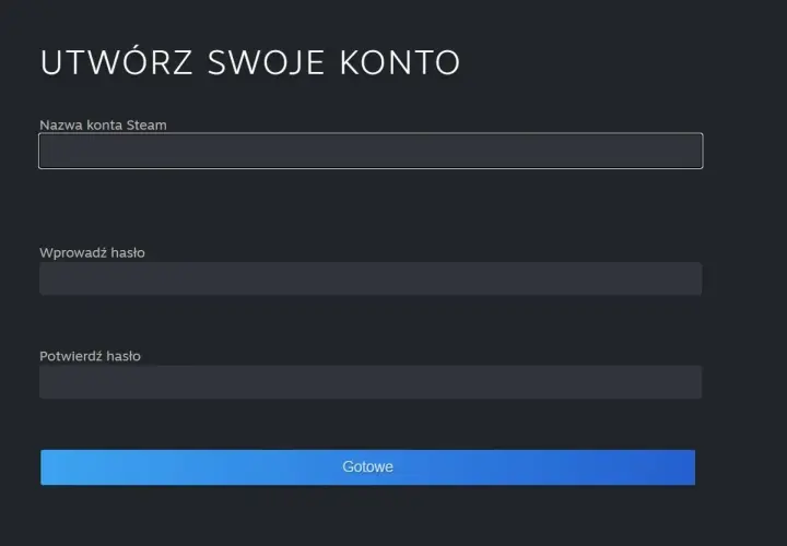 Ekran tworzenia konta Steam. Wpisz nazwę konta, hasło i potwierdź je, aby dowiedzieć się, jak założyć konto na Steam na telefonie.