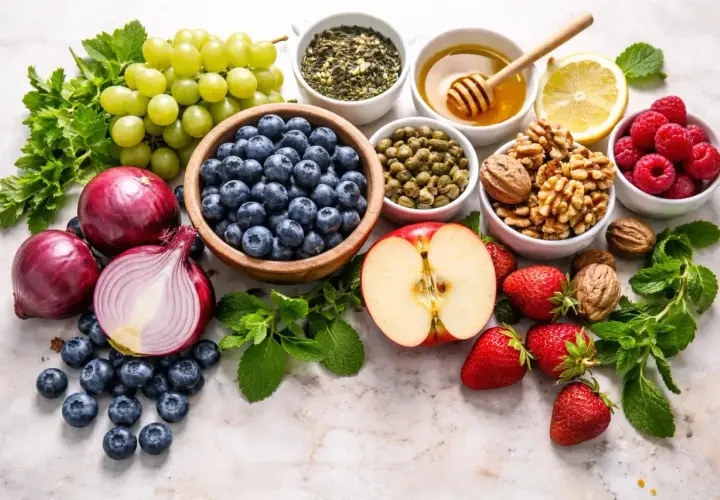 Frutta, verdura e noci: mirtilli, mele, fragole, uva, lamponi, cipolle rosse, capperi, noci, tè, miele e limone. Alimenti ricchi di quercetina per un intestino sano.