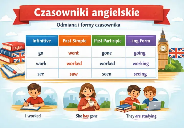Tabela z odmianą podstawowych czasowników angielskich: go, work, see. Ilustracje dzieci uczących się.
