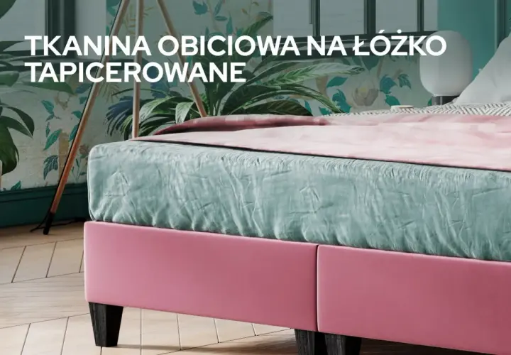 Miętowa tkanina obiciowa na łóżko tapicerowane, z różową ramą i różową narzutą.