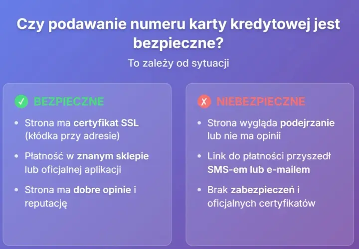 Bezpieczne podawanie numeru karty kredytowej zależy od sytuacji. Sprawdź certyfikat SSL i opinie o sklepie.