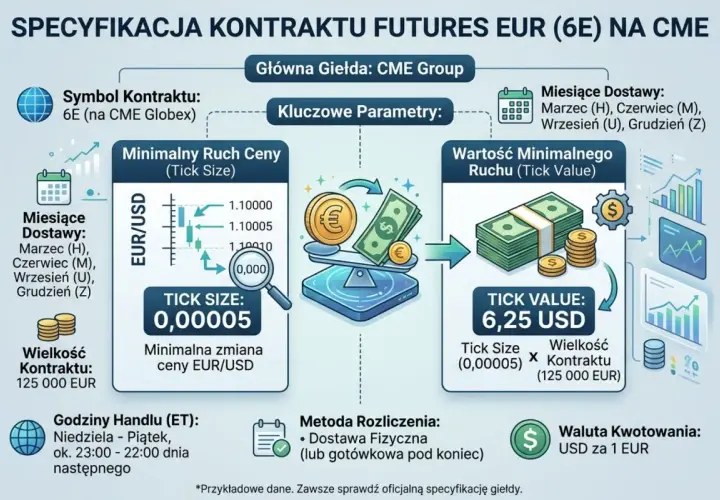 Specyfikacja kontraktu futures EUR (6E) na CME: kluczowe parametry, minimalny ruch ceny (tick size) 0,00005 i wartość minimalnego ruchu (tick value) 6,25 USD. To ważny kalendarz makro dla inwestorów.
