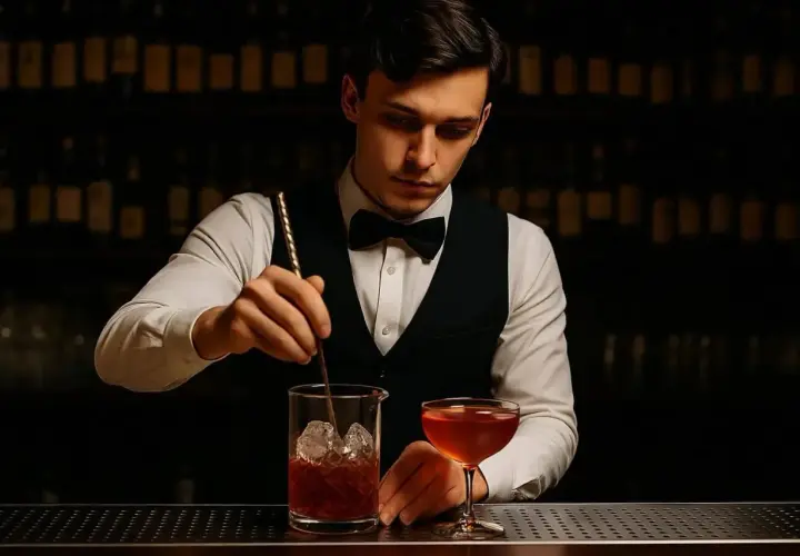 Elegancki barman miesza drinka. Zastanawiasz się, ile kosztuje kurs na barmana, by tworzyć takie arcydzieła?